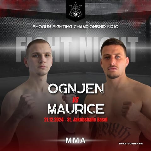 MMA fight poster for Shogun Fighting Championship showing Ognjen vs Maurice match on 21.12.2024 in Basel