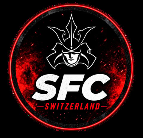 SFC Switzerland logo with red neon circle border, samurai warrior helmet icon, and white text on black background