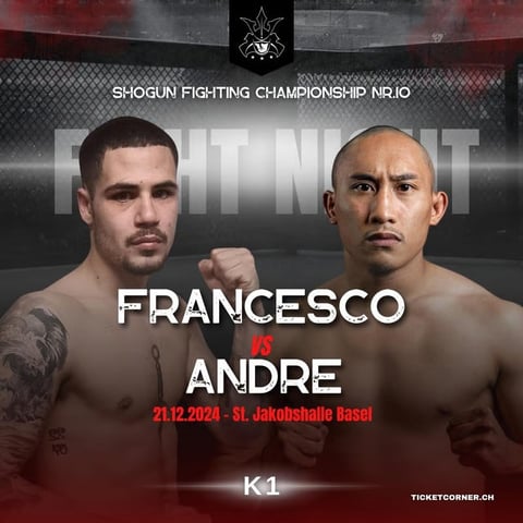 Shogun Fighting Championship K1 match poster for Francesco vs Andre on 21.12.2024 at St. Jakobshalle Basel