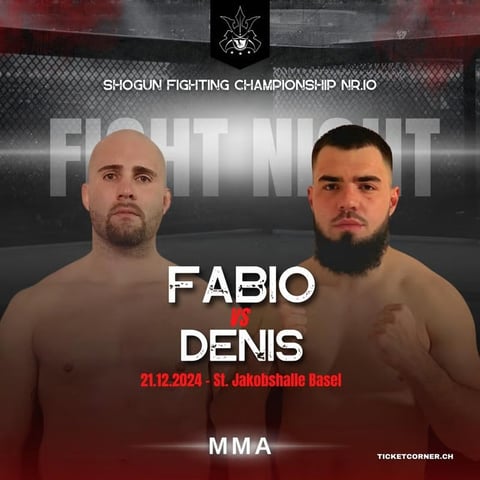 MMA fight poster for Shogun Fighting Championship featuring Fabio vs Denis on 21.12.2024 in St. Jakobshalle Basel