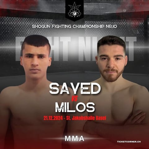 MMA fight poster for Shogun Fighting Championship featuring Saved vs Milos on 21.12.2024 in Basel