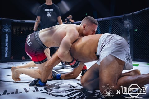 Two MMA fighters grappling on the mat inside an octagon cage during a professional mixed martial arts match