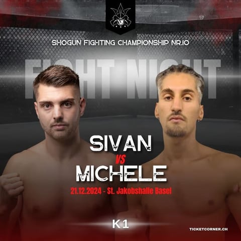 Fight poster for Shogun Fighting Championship featuring Sivan vs Michele K1 match on 21.12.2024 in Basel