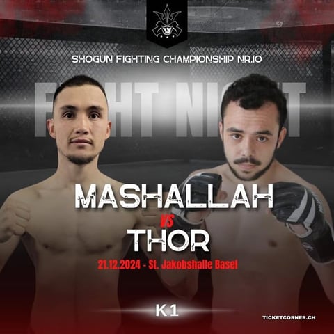 MMA fight poster for Shogun Fighting Championship featuring fighters Mashallah vs Thor scheduled for December 21, 2024 in Basel