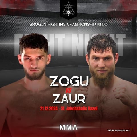 MMA fight poster for Shogun Fighting Championship featuring Zogu vs Zaur on 21.12.2024 in St. Jakobshalle Basel