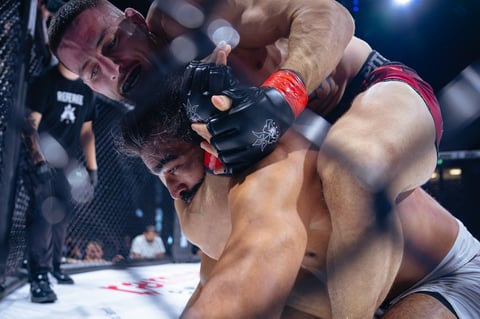 Two MMA fighters grappling in the octagon during a professional mixed martial arts match with spectators visible
