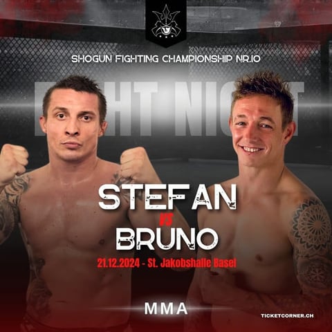 MMA fight poster for Shogun Fighting Championship featuring fighters Stefan and Bruno on 21.12.2024 in Basel
