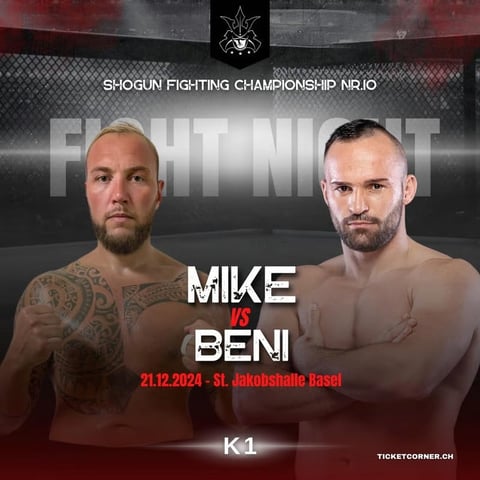 Shogun Fighting Championship K1 fight poster for Mike vs Beni on 21.12.2024 in Basel