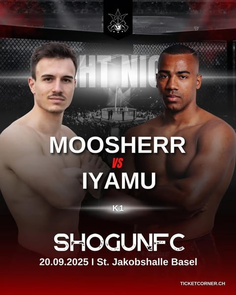 MMA fight poster for Moosherr vs Iyamu, K1 rules, SHOGUNFC event on September 20, 2025 in Basel