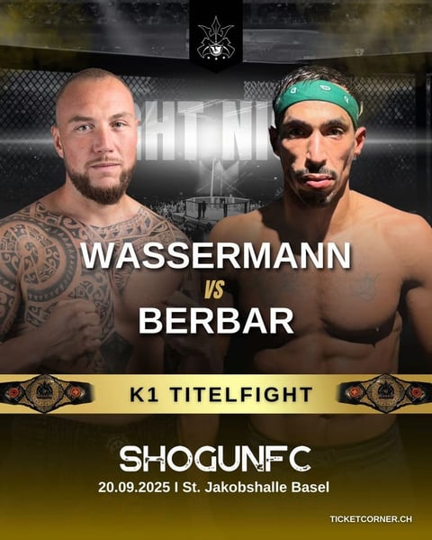 MMA fight poster for Wassermann vs Berbar K1 title fight at SHOGUN UFC on September 20, 2025 in Basel