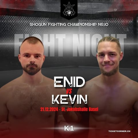 Shogun Fighting Championship K1 promotional poster for Enid vs Kevin match on 21.12.2024 in St. Jakobshalle Basel