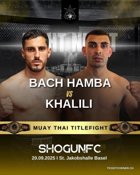 MMA fight poster for Bach Hamba vs Khalili Muay Thai title fight at SHOGUNFC on September 20, 2025 in Basel
