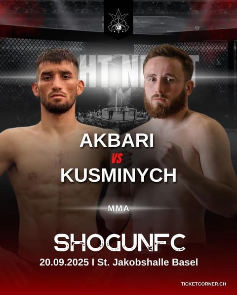 MMA fight poster for Akbari vs Kusminygh at SHOGUN FC on September 20, 2025 in St. Jakobshalle Basel