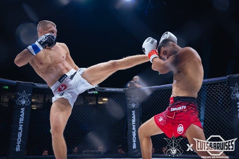 MMA fighter in white shorts kicking opponent wearing red shorts in octagon cage during professional fight