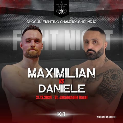 Fight poster for Shogun Fighting Championship showing Maximilian vs Daniele K1 match on 21.12.2024 in St. Jakobshalle Basel
