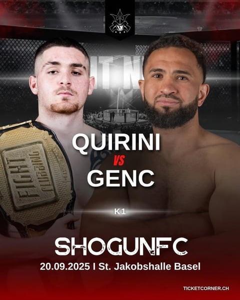 MMA fight poster for Quirini vs Genc K1 match at SHOGUNFC on September 20, 2025 in Basel