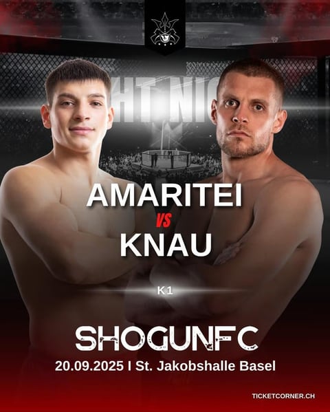 Shogun FC K1 fight poster featuring Amaritei vs Knau on 20.09.2025 at St. Jakobshalle Basel