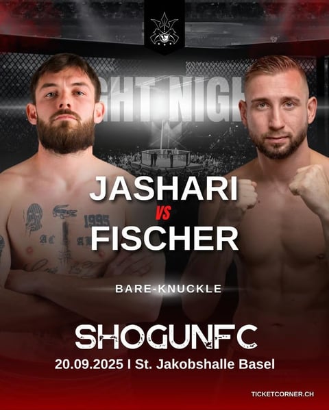 Promotional poster for Jashari vs Fischer bare-knuckle boxing match at SHOGUN FC on September 20, 2025 in Basel